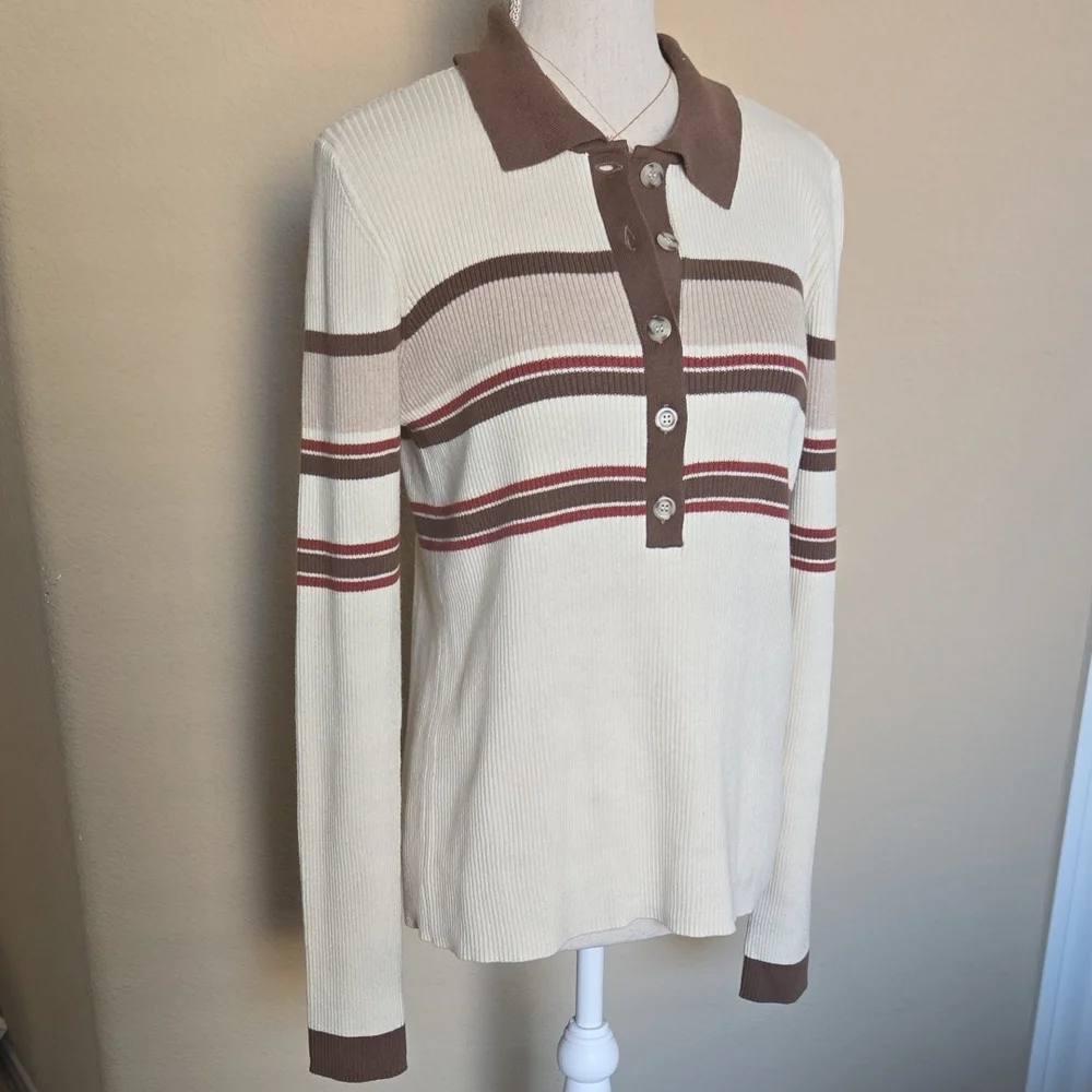 NEW Faherty Mikki Polo Long Sleeve Ribbed Pullover Retro Fall Stripe - L - Picture 2 of 11